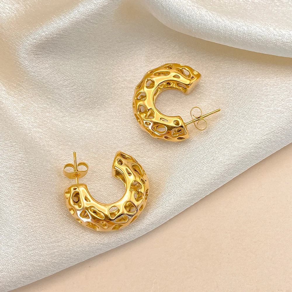 St-Delan Chunky Hoop Earrings Stainless Steel Hammered Hollow C-Shaped Earrings for Women Fashion Jewelry