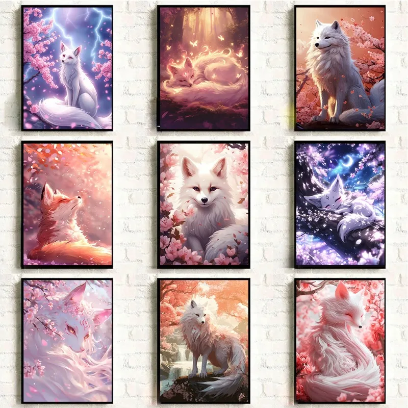Pósteres de zorro de nueve colas de fantasía, Sakura mística, lindo Anime japonés, impresiones suaves, pintura en lienzo, cuadros de pared para el hogar R