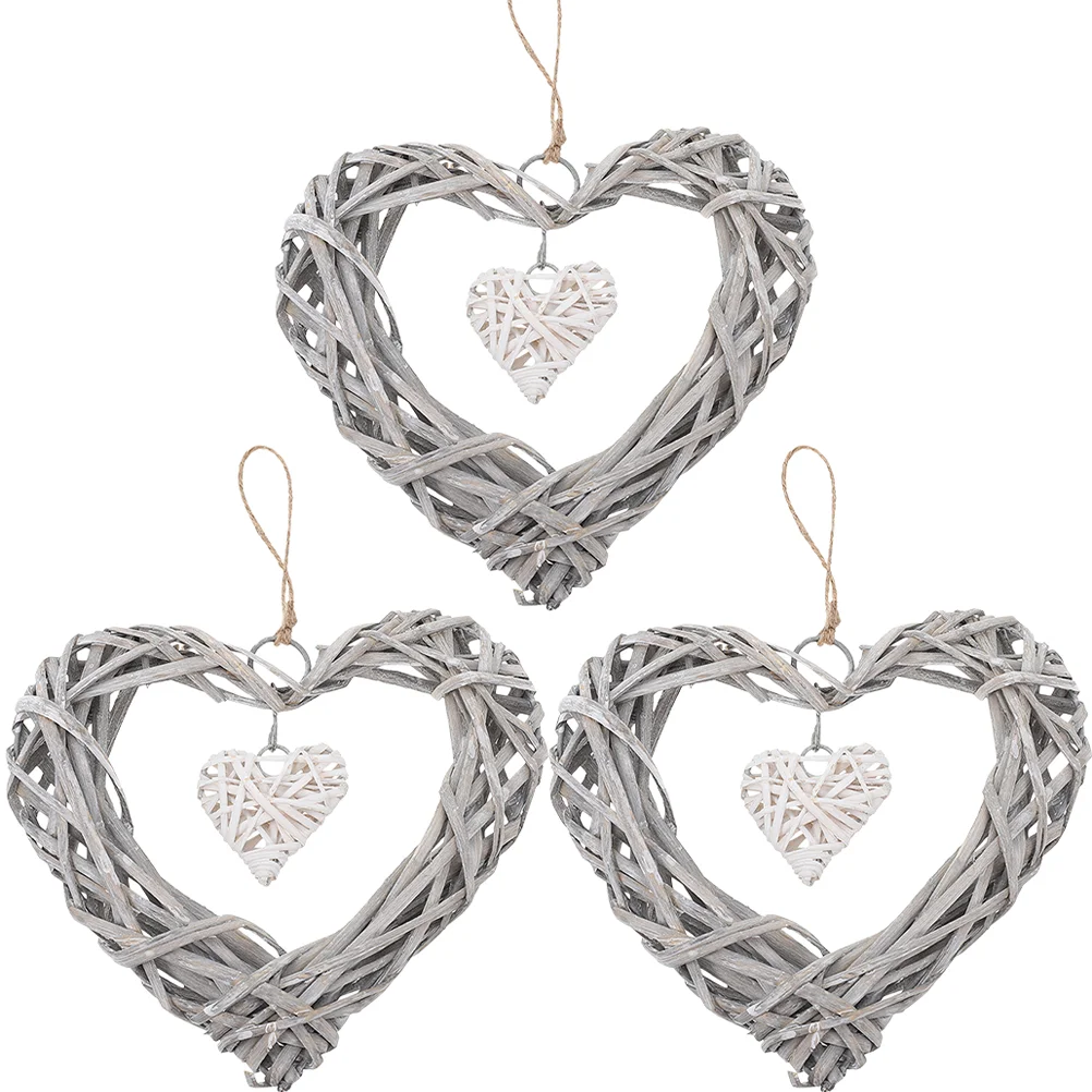 3 Pcs Heart Craft Hanging Door Wicker Wreath Garlands Rural Willow Wedding Decor