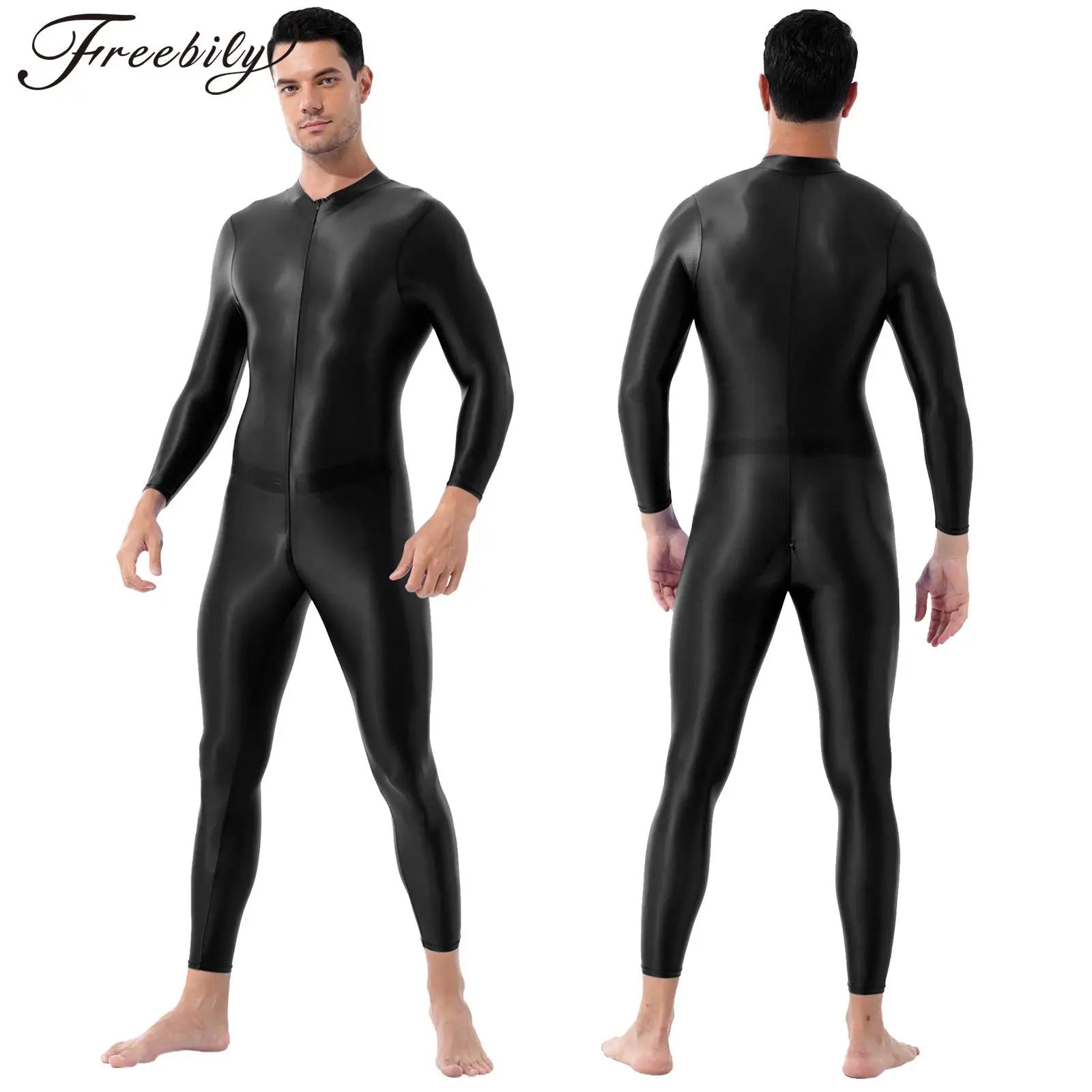 

Mens Glossy Smooth Bodysuit Long Sleeves High Neck Zipper Leotard Rave Club Party Pole Dancing Show Jumpsuit Clubwear Nightwear