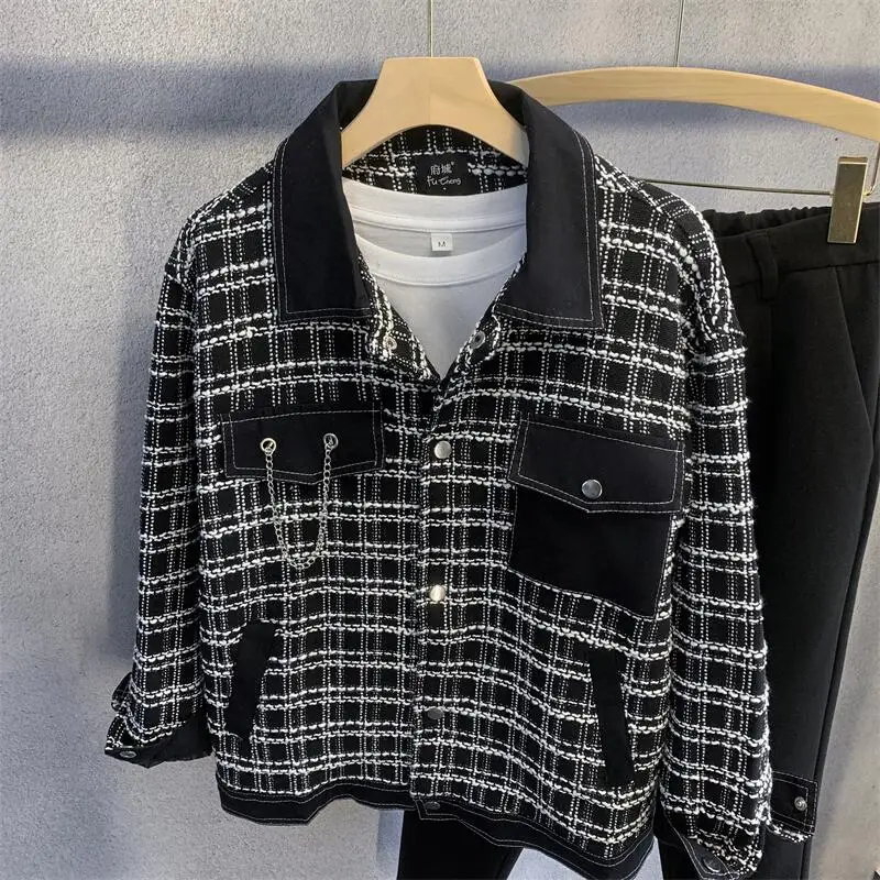 

2024 Spring and Autumn Men's Plaid Jacket Casual Loose Turndown Collar Solid Color White Black Jacket Button Up Coat B153