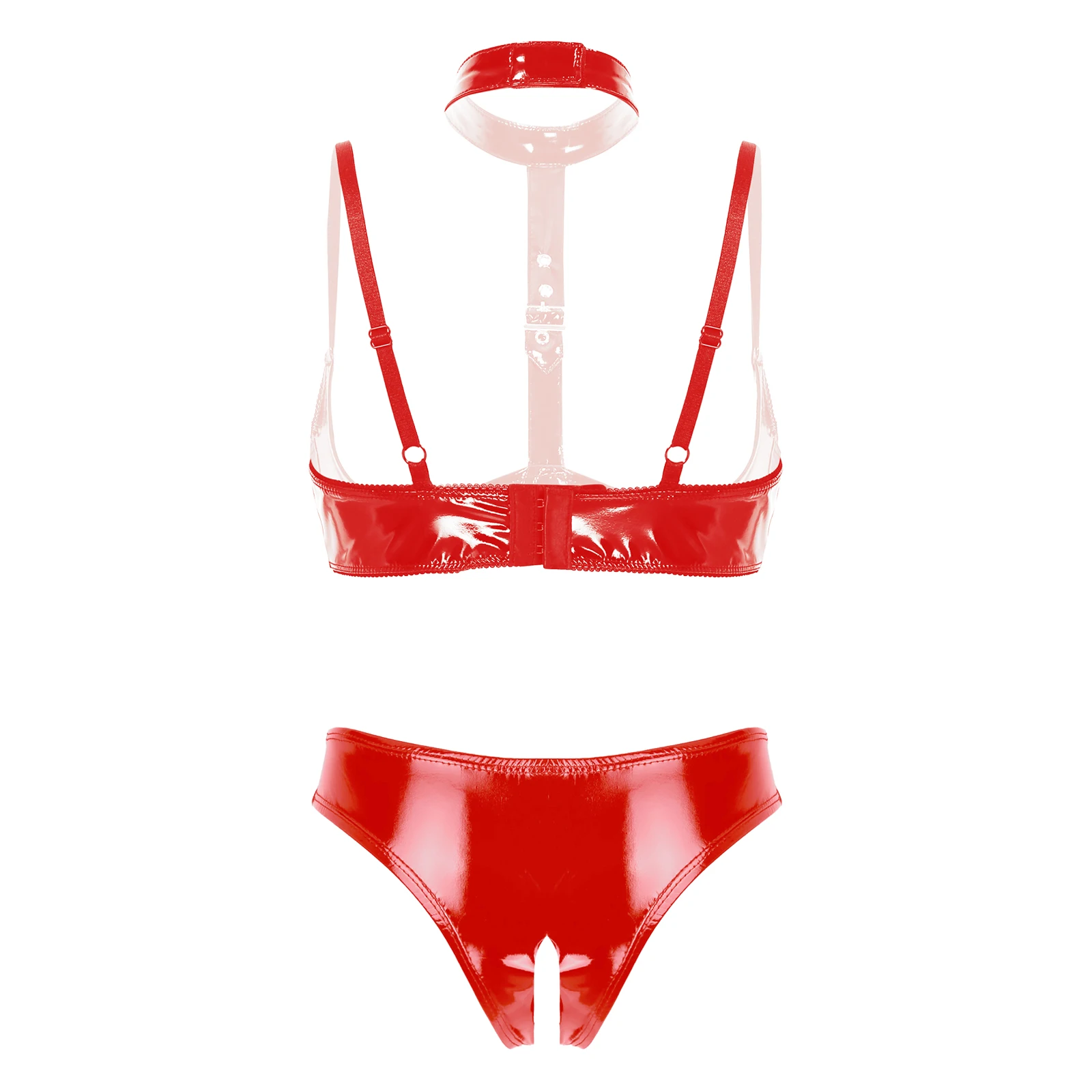 2Pcs Womens Wet Look Patent Leather Sexy Lingerie Set Open Cups Shelf Bra Top with Open Crotch High Cut Briefs Underwear Panties