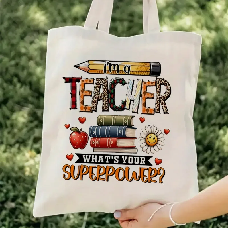Leopard Plaid Teacher Superpower Print Canvas Tote Bag  Book Pencil Design Casual Handbag as Teacher Appreciation Gift Daily Use