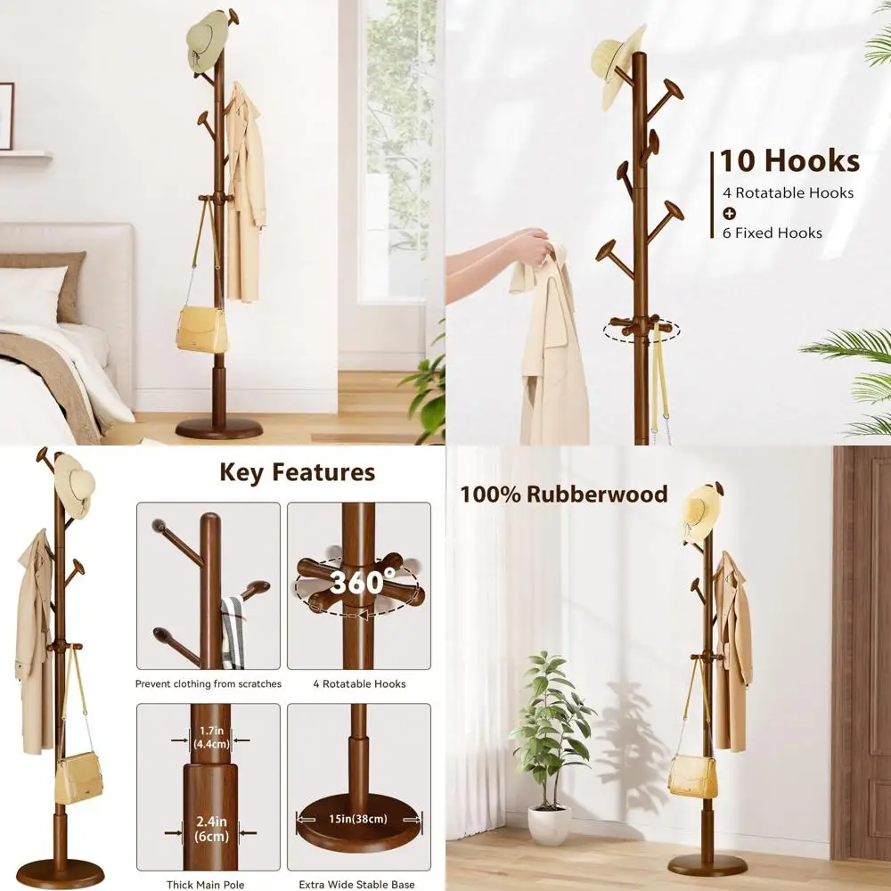 

Freestanding Solid Wood Coat Rack with 10 Hooks for Home, Suitable for Bedroom, Living Room, and Entryway