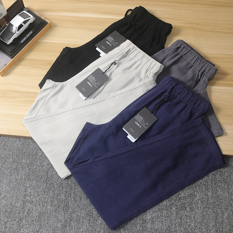 

Новые летние мужские повседневные брюки из хлопка и льна, удобные дышащие, крутые, впитывающие пот, прямые модные длинные брюки