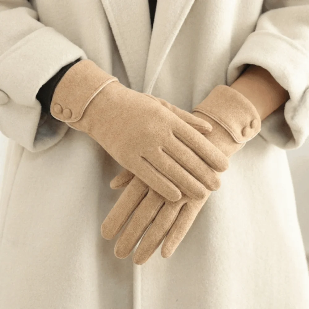 Fashion Button Winter Gloves Touchscreen Fleece Women Gloves Windproof Fleece-Lined Cycling Mittens Driving