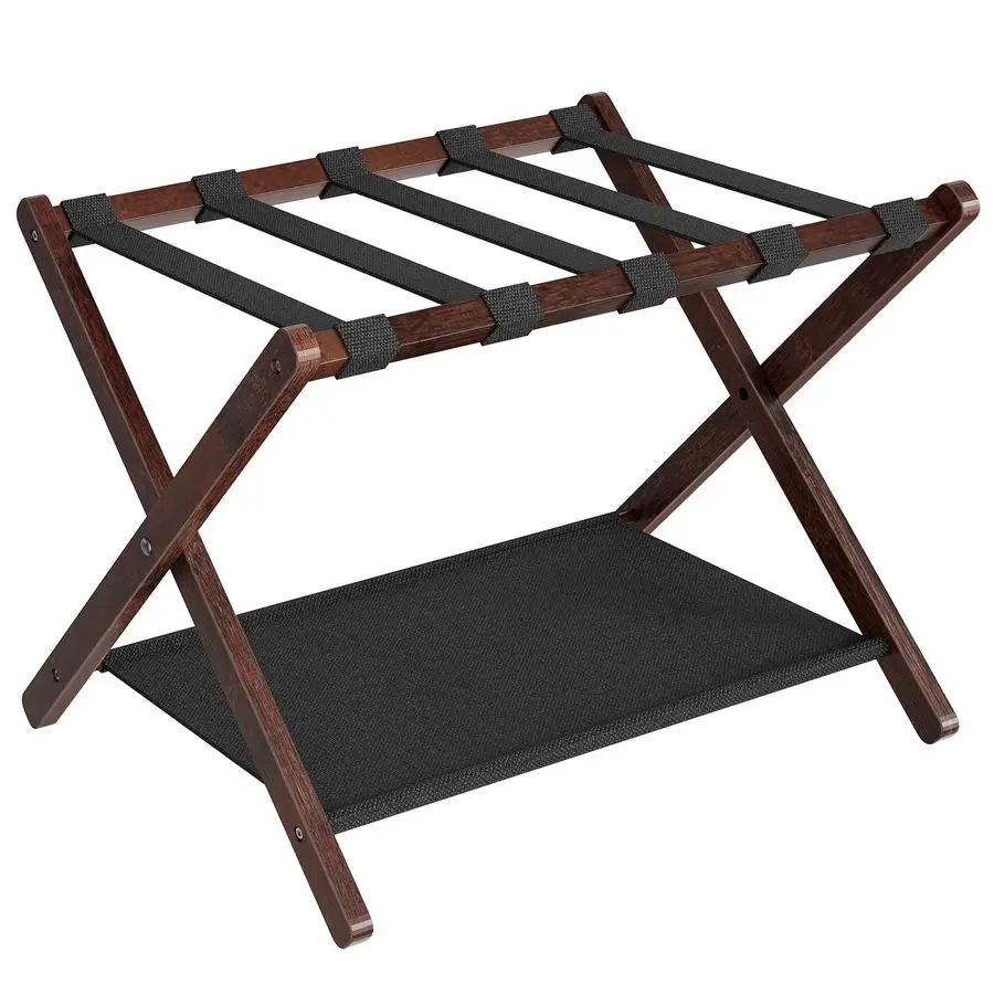 

Luggage Rack, Bamboo Suitcase Stand, Folding Luggage Holder, with Nylon Straps and Oxford Fabric Shelf, for Guest Room, Hotel,