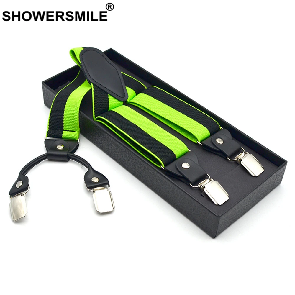 Showersmile Suspender Dewasa Elastis Bergaris Celana Tali Merah Putih Mens Kawat Gigi Berwarna-warni 4 Klip Fashion Wanita Tali Selempang 120 Cm