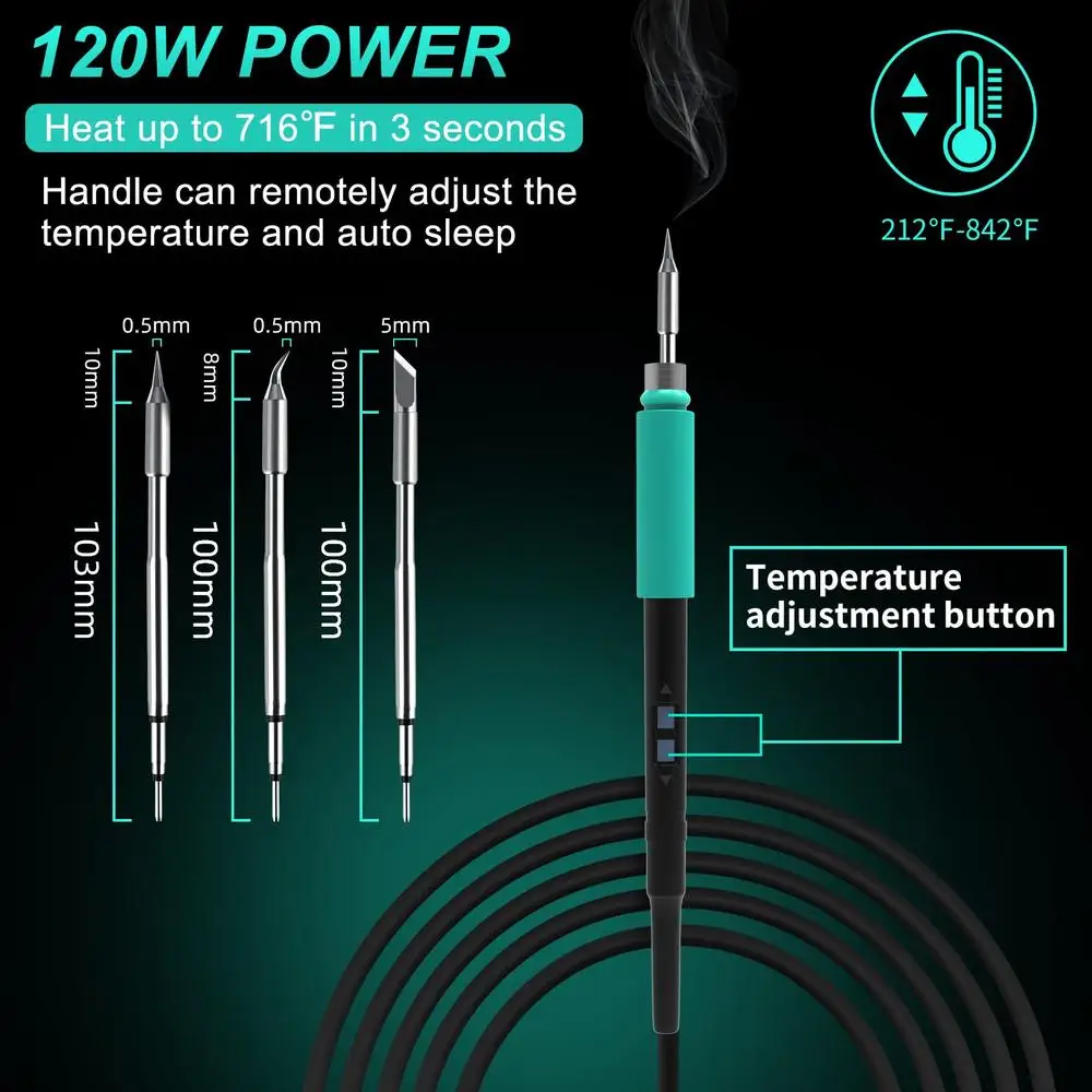 Digital Soldering Iron Station 120w Fast Heat 716℉ 245 Iron Tip Memory Storage Sleep Mode Copper Brush Cleaning Quick Change