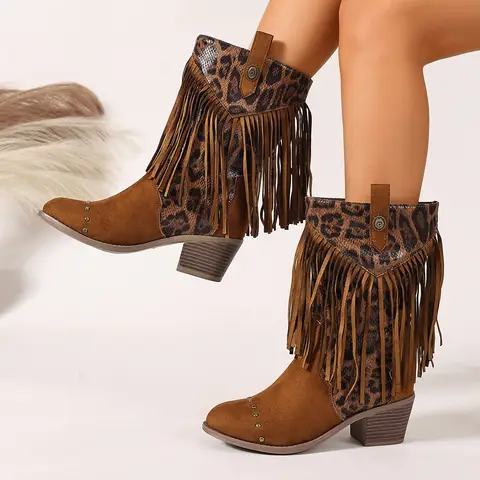 Retro Western Booties with Fringe Leopard Print Large Size Women's Slip-On round Head Knight Boots Thick Heel Mid-Calf Boots
