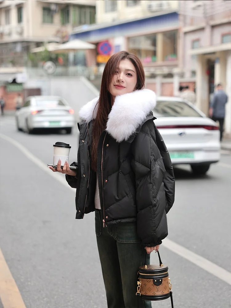 

Black Duck down Jacket Women's Short Thickened Large Fur Collar Slimming White Duck Feather Short Outerwear Yang Bubble