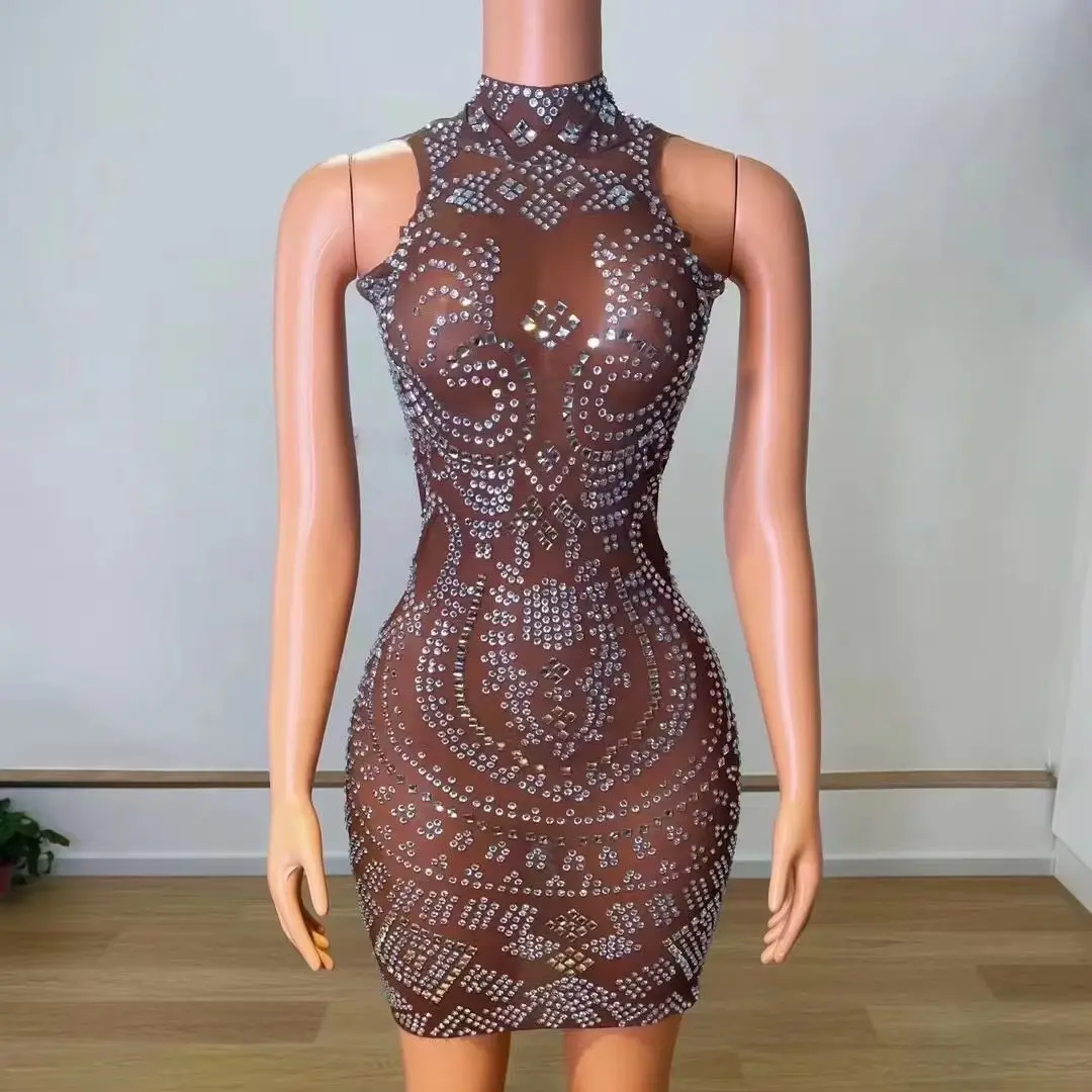 Sexy Translucent Mesh Diamond Stretch Short Skirt Dresses For Women Buttocks Design Singer Host Performance Stage