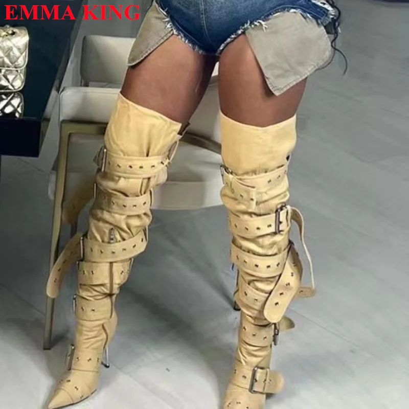 2023 Female Buckle Strap Cross-tied Over The Knee Boots Pointed Toe Metal Heel Motorcycle Boots High Heel Thigh High Boots Woman