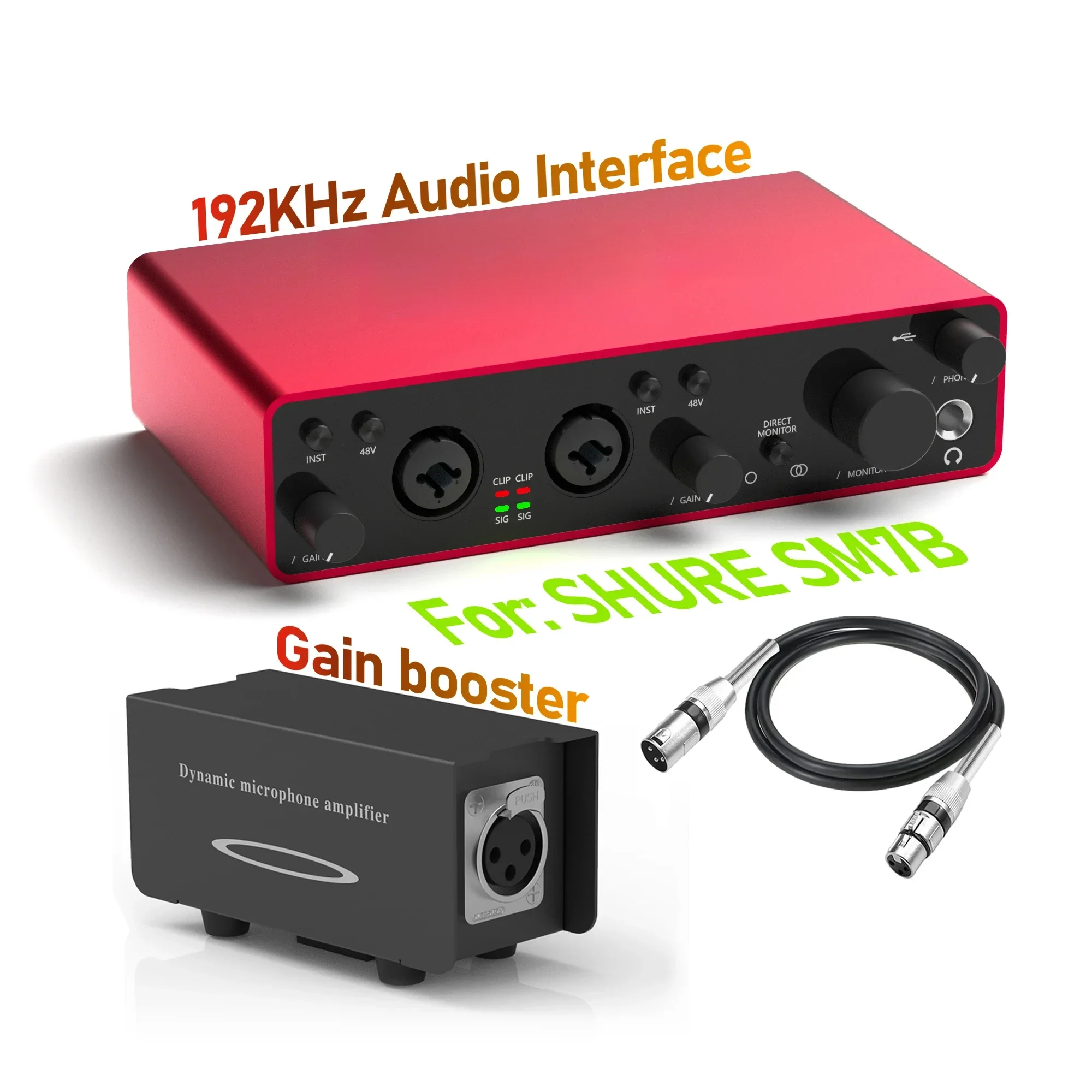 Studio USB Audio Interface Sound Card Recording Dynamic Activator Microphone Preamp Gain Booster Bundle Kit for Shure SM7B