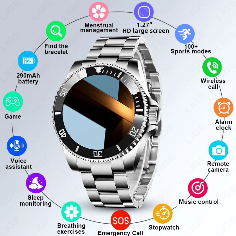 

LIGE New Luxury Smart Watch Men Bluetooth Call 1.27'' Screen Answer Call IP68 Waterproof Sports Digital Business Watch For Gift