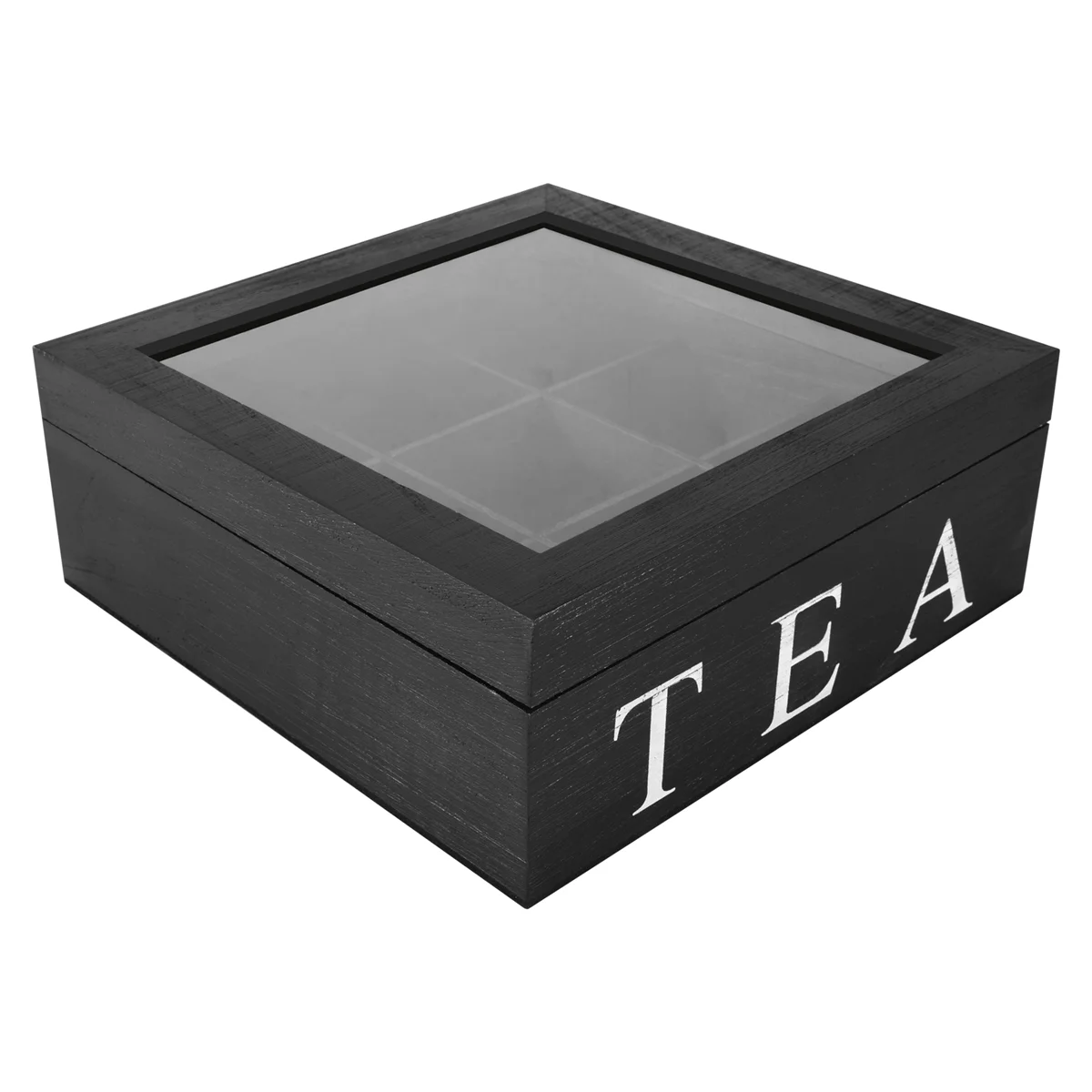ABLK Wooden 9 Grids Tea Box Tea Bags Container Storage Box Square Gift Box Case Transparent Top Lid Jewelry Storage Box-Black