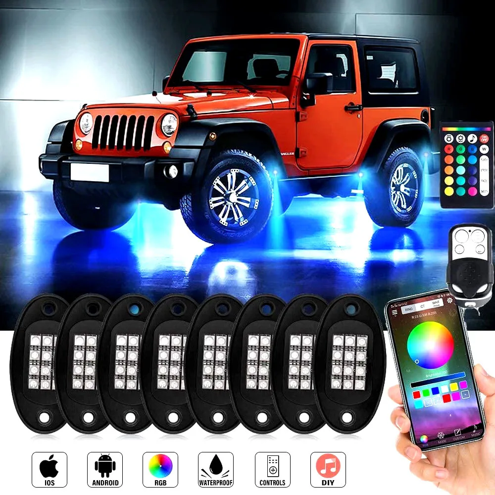 8 Pieces 12V RGB LED Stone Lamp Underbody Lamp 28W Car Atmosphere Lamp Bluetooth Application Off-road Control Pickup Truck Lamp