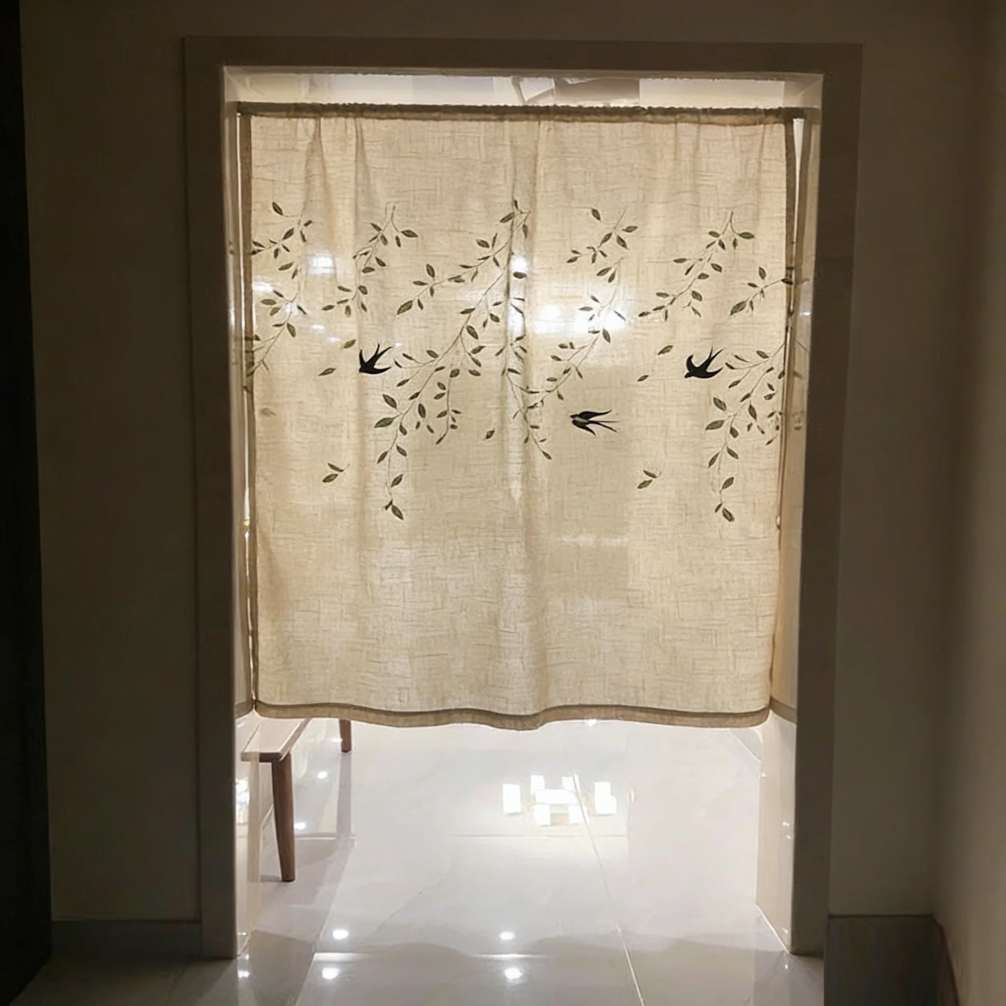

Pastoral Style Embroidered Linen Door Curtain No Drill Room Divider Curtain Japanese Linen Partition Curtain for Home Kitchen