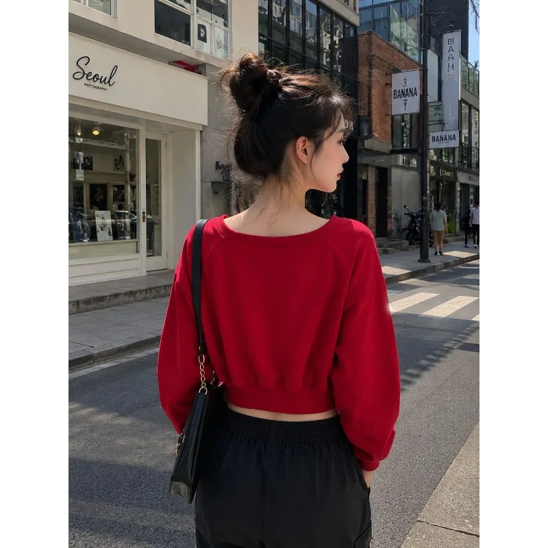 Streetwear Fashion Tiger Print Women's Short Long-sleeved Sweatshirt, Casual and Daily Autumn New Style, Solid Color, Versatile.
