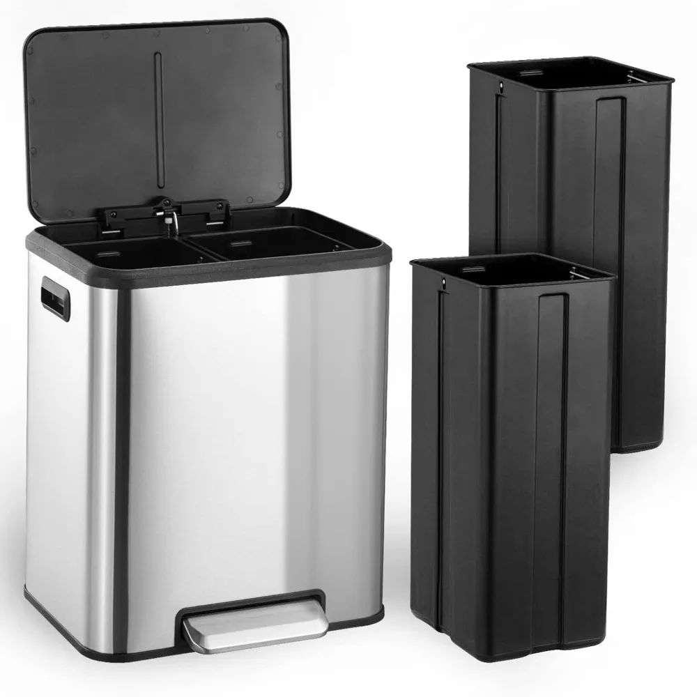 

30 liter/8 gallon rectangular two-compartment kitchen stainless steel waste bin, 2 x 15 liter inner buckets, lid, footrest