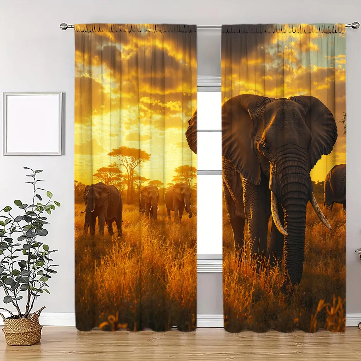 Safari Elephant Curtains Golden Hour Wildlife Drapes Panels for Living Room Bedroom Natural Jungle Safari Home Decor Curtain
