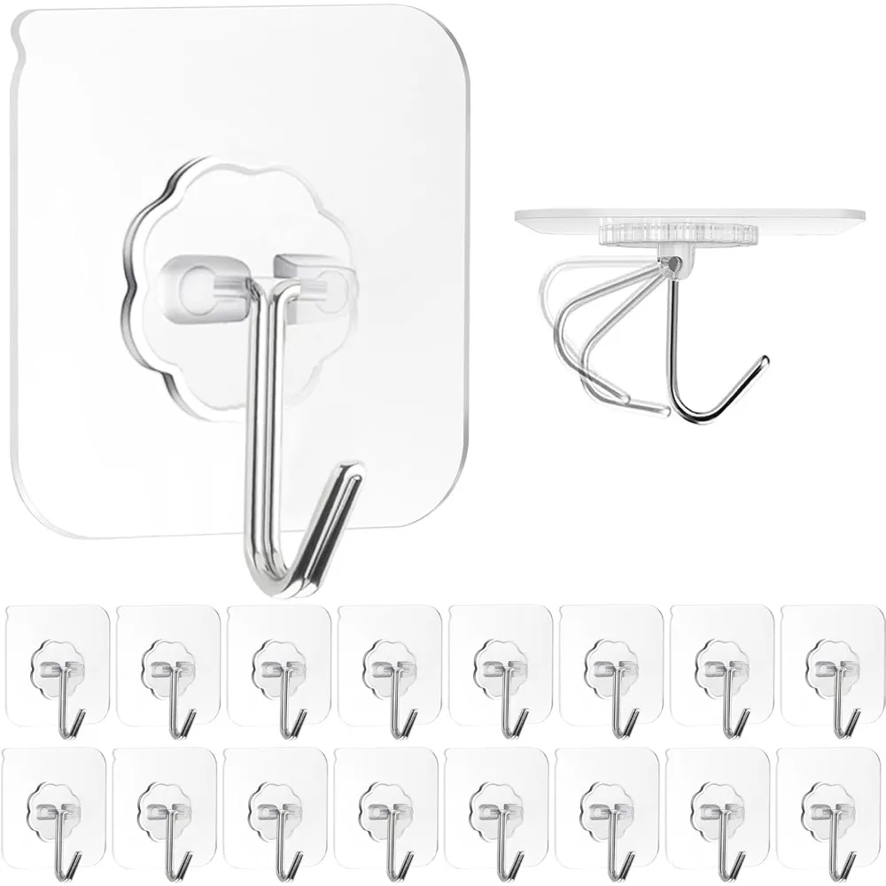 Self Adhesive Hooks Heavy Duty 22lb Clear Removable Shower Hooks for Towel Key Coat Wreath Picture Bathroom Kitchen