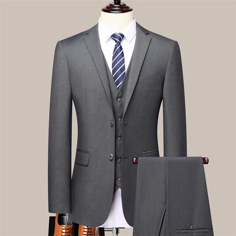 High Quality Solid Color Suit (suit +vest +trousers) 2024 New Men\'s Fashion Casual Handsome All Fashion Business Three-piece Set