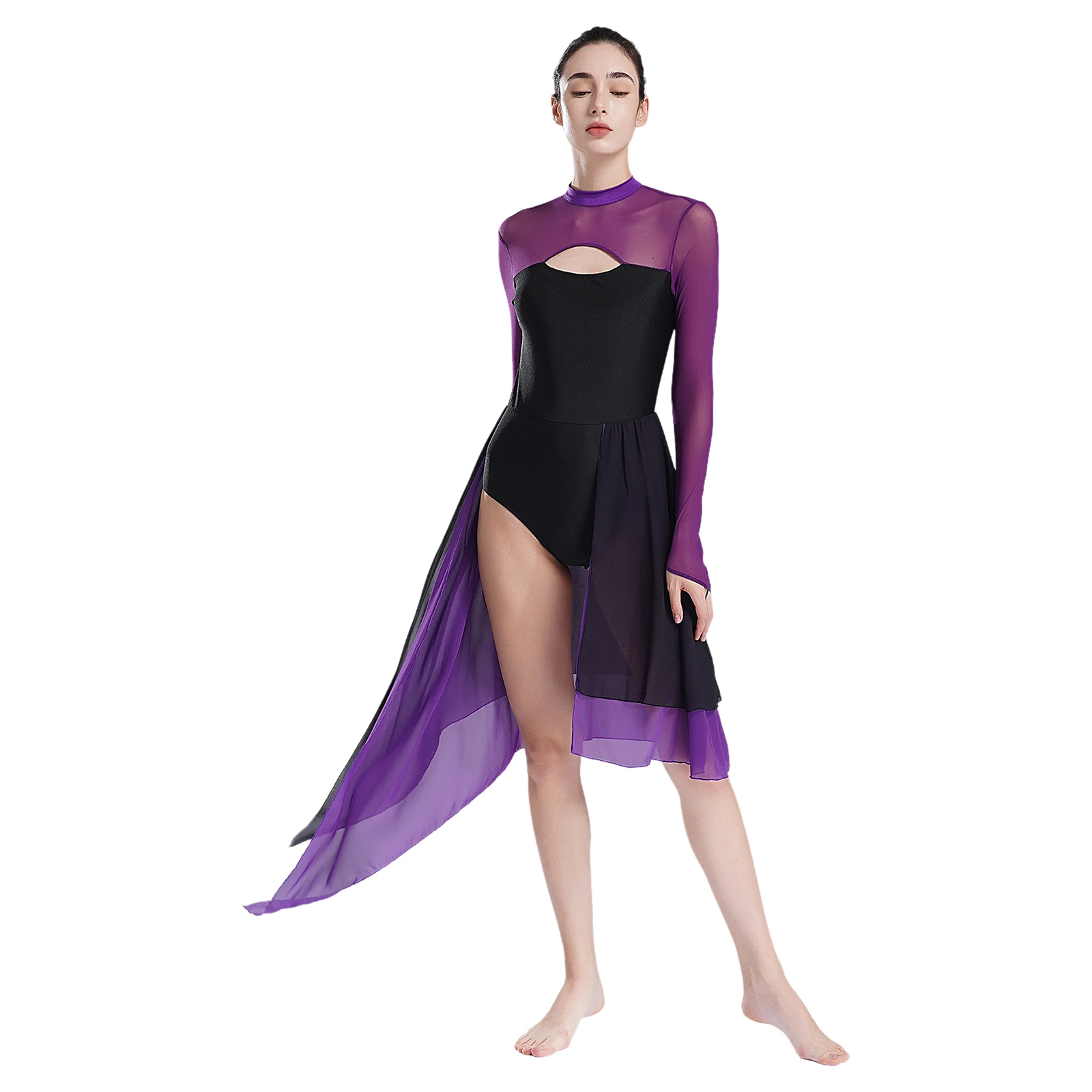 Womens Lyrical Ballet Dance Leotard Prom Party Dresses Open Front Irregular Cutout Backless Sheer Long Sleeve Modern Dancewear