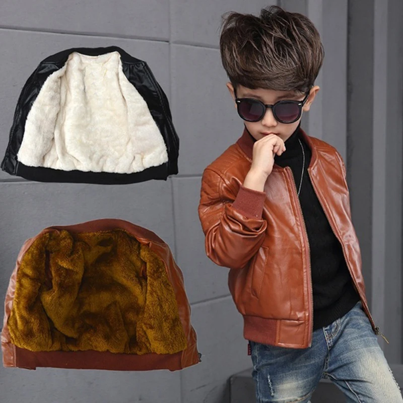 Boys Coats Autumn Winter Fashion Korean Children\'s Plus Velvet Warming Cotton PU Leather Jacket For 3-8Y Kids Jacket Outerwear