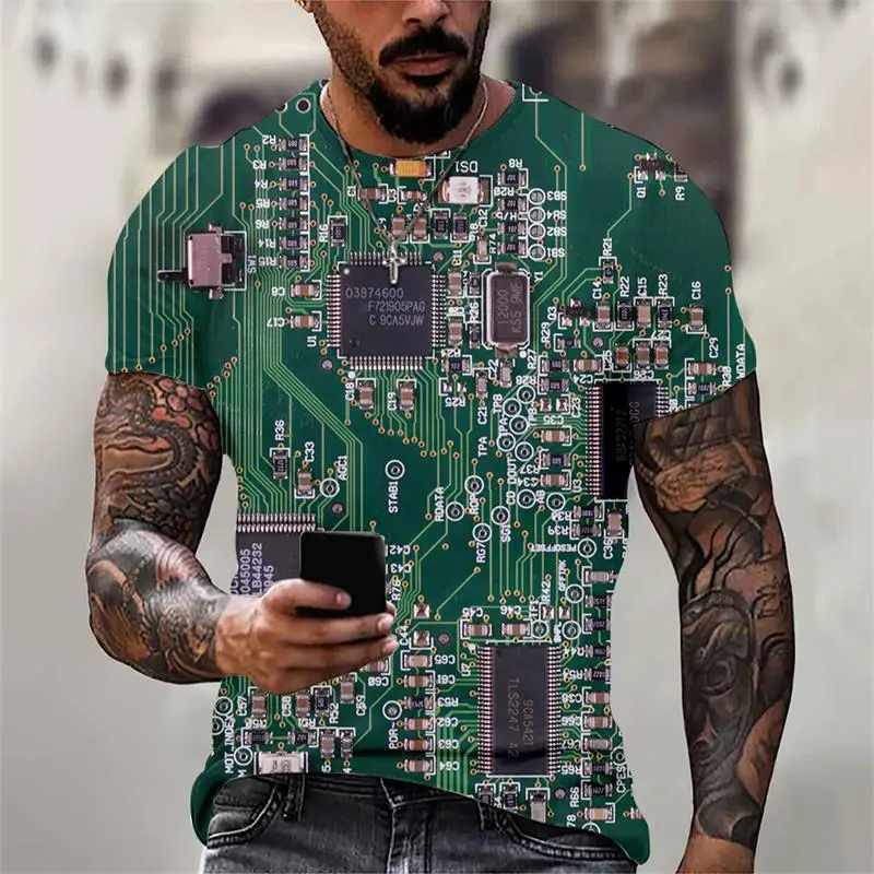 Circuit Board Electronic Chip CPU Graphic T Shirts for Men Clothing Tee Shirts 3D Print Motherboard Mainboard Short Sleeved Tops