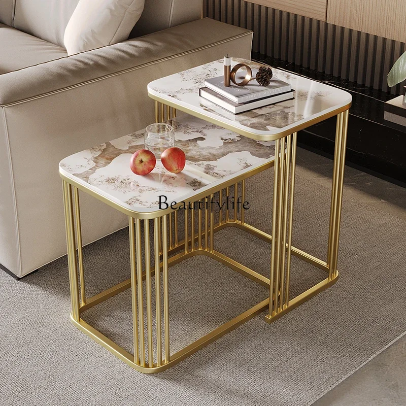 03.Light luxury rock slab sofa side cabinet small  few living room modern simple telescopic   cabinet square side table