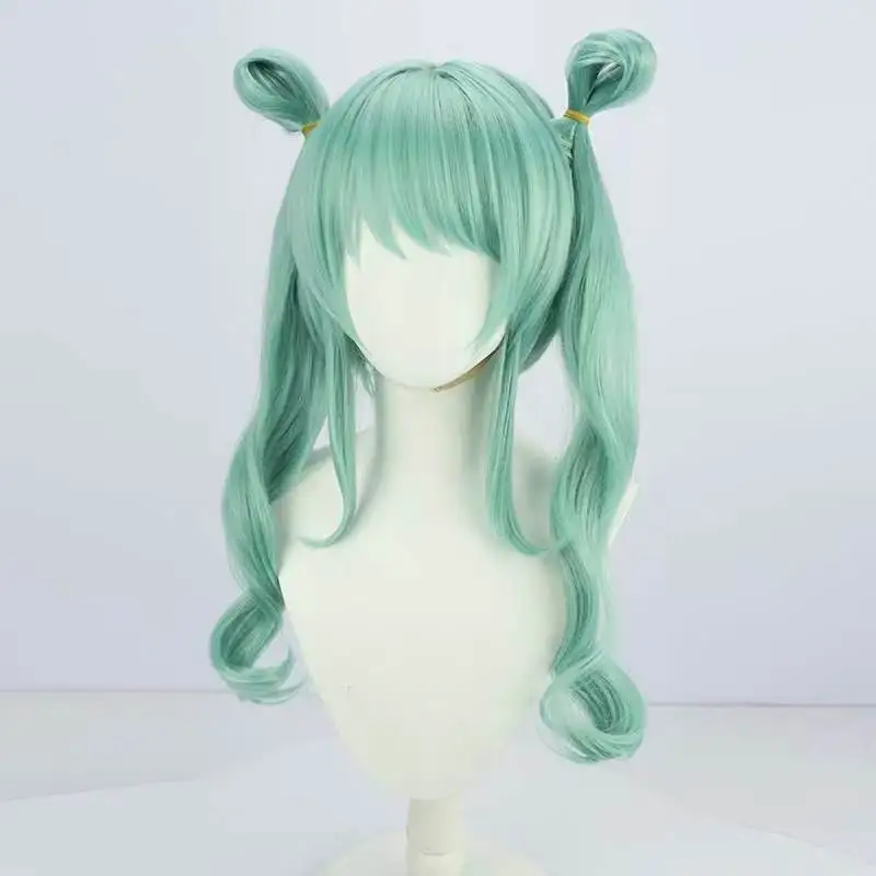 Project SEKAI Colorful Stage! Cosplay Wig Mint Green Double Bun Curly Pigtails Matte Heat‑Resistant Synthetic Wig for Halloween