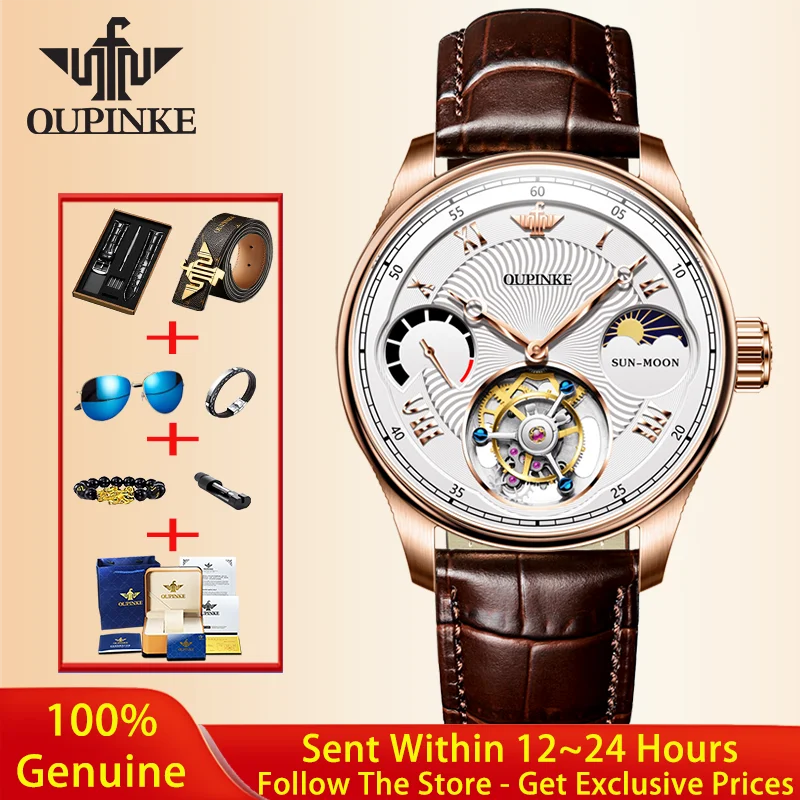 OUPINKE Tourbillon Watch Men Luxury Hollow out Fully Automatic Mechanical Watch Sapphire Mirror Moon Phase Men Watch Reloj 8001