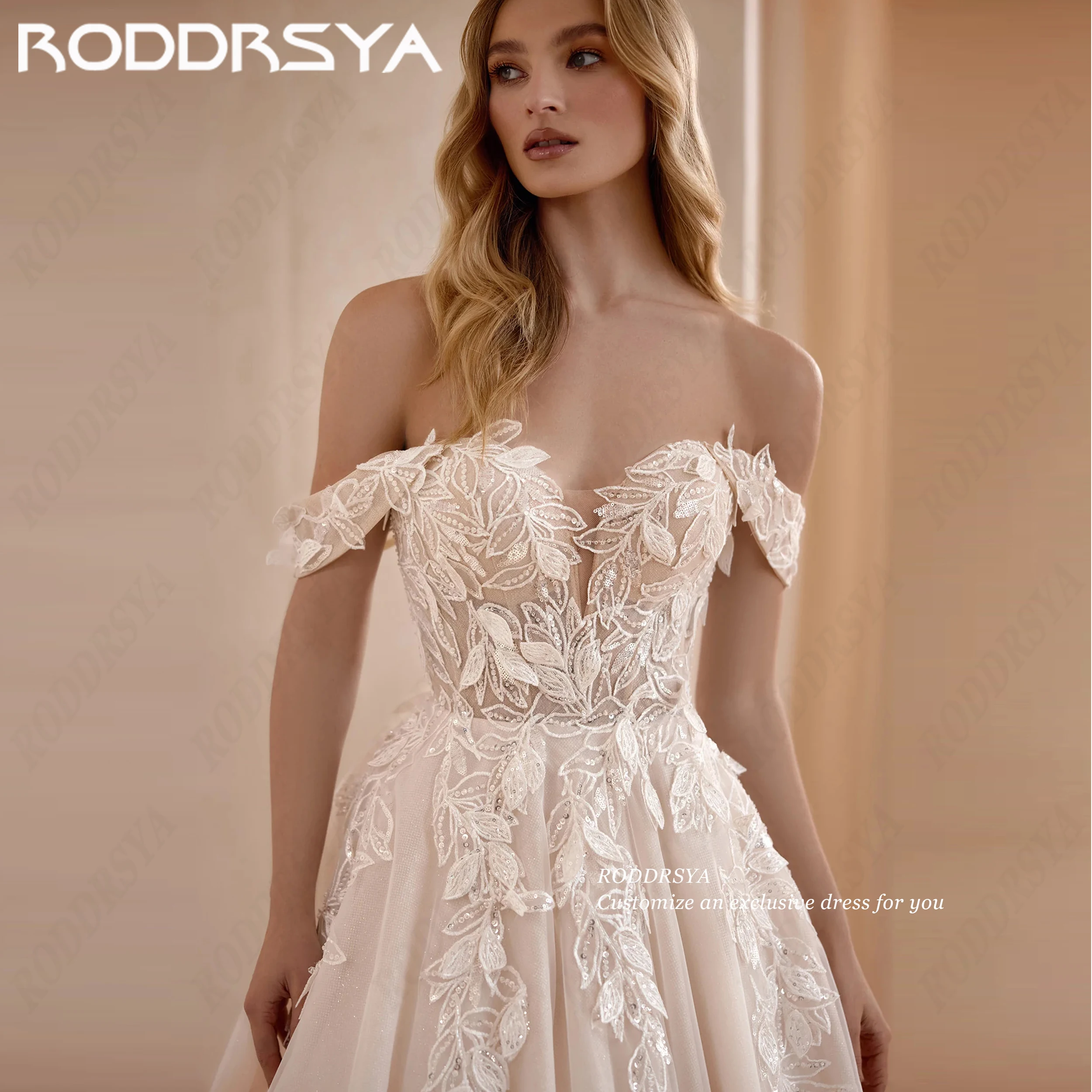 RODDRSYA Personalized A Line Wedding Dress For Women 2026 Off Shoulder Tulle Applique Bridal Party Dresses Long With Train