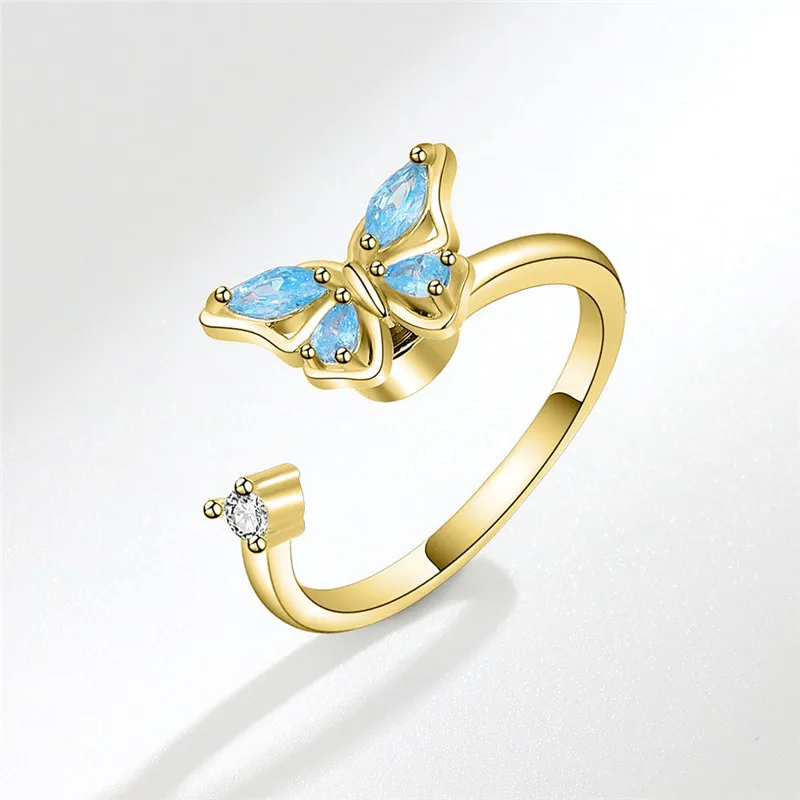 Luxuriöser Schmetterlings-Sonnenblumen-Fidget-Spinner-Ring gegen Angstzustände für Frauen, Kristallblumen-Angst-Fingerringe, Anti-Stress-Hochzeitsschmuck