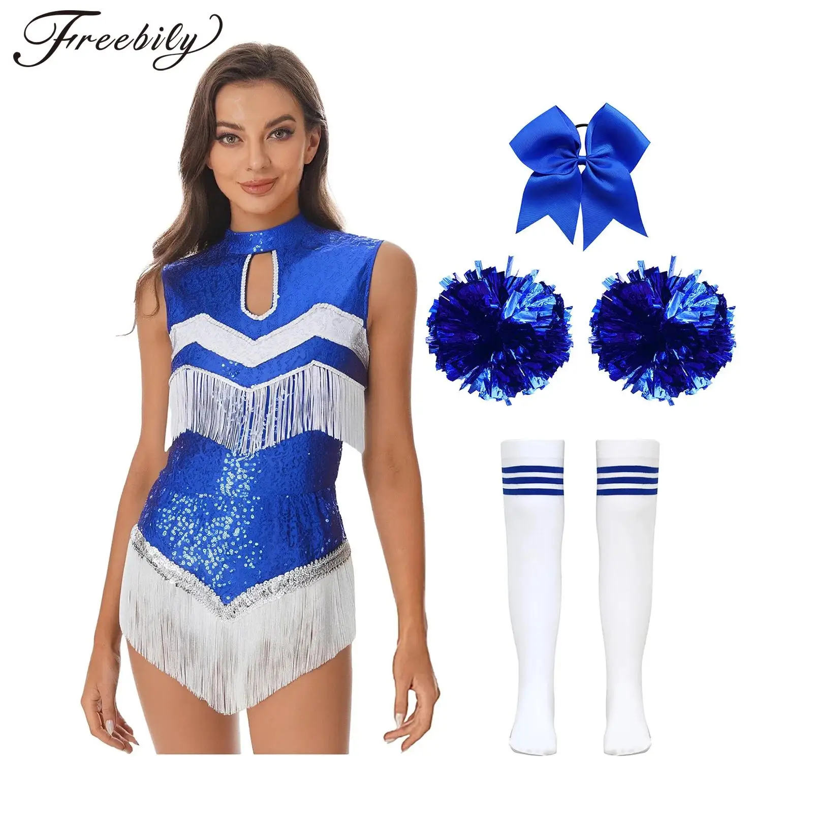 Traje de baile de porristas para mujer, mono con borlas de lentejuelas brillantes y lazo para el pelo, medias de bolas de flores para reuniones deportivas de Halloween
