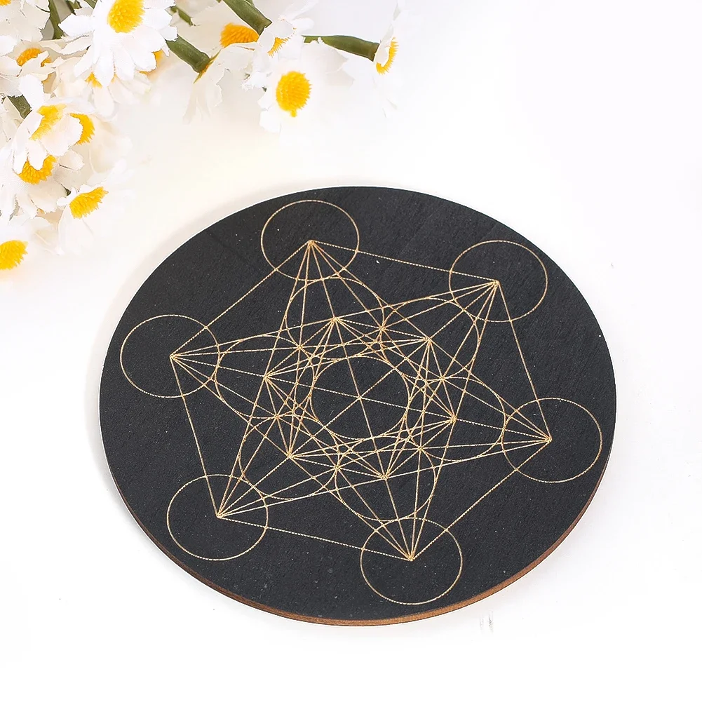 Metatron's Cube Pendulum Board Black Background Round Wooden Magics Meditation Decision Plate Witchcraft Wiccan Supplies Tool