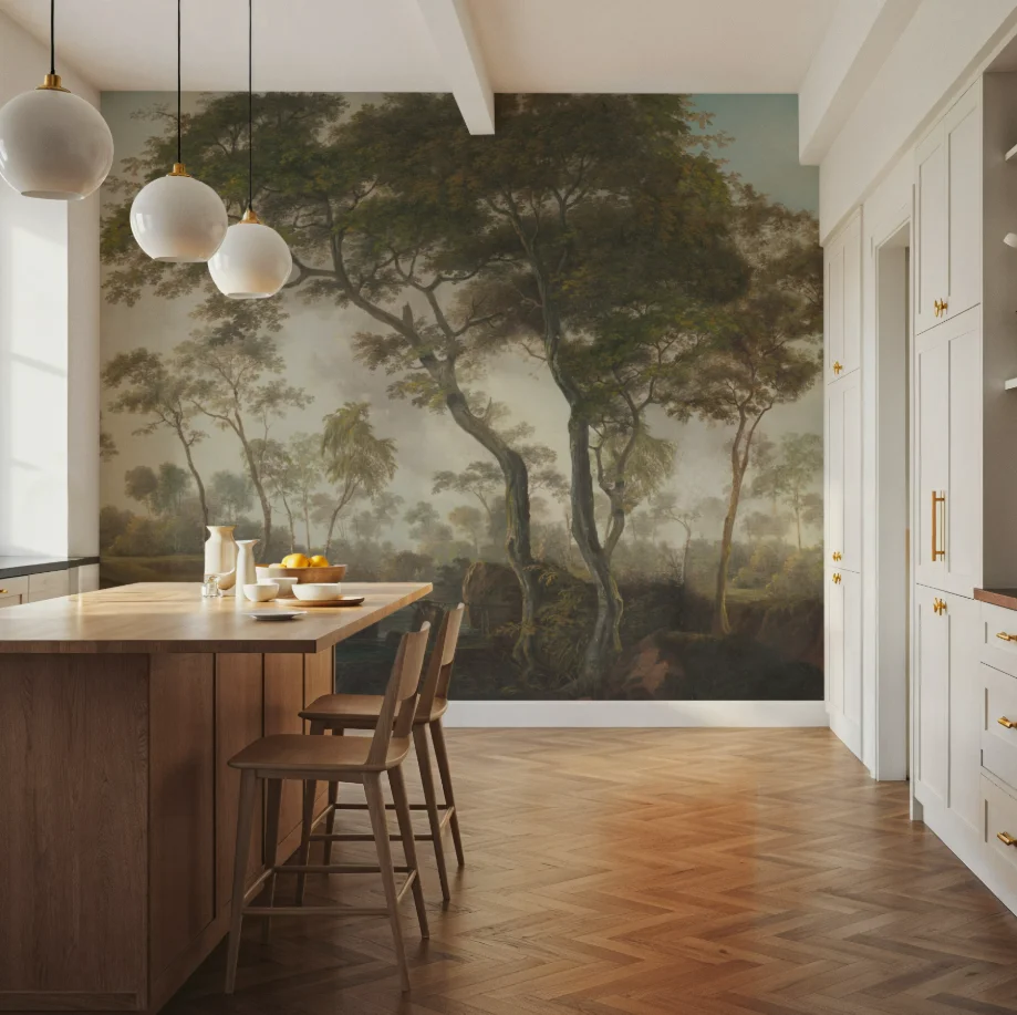 Custom sized murals, forest scenes, tall and slender trees, wooden bridges, small rivers, wallpaper, living room, bedroom murals