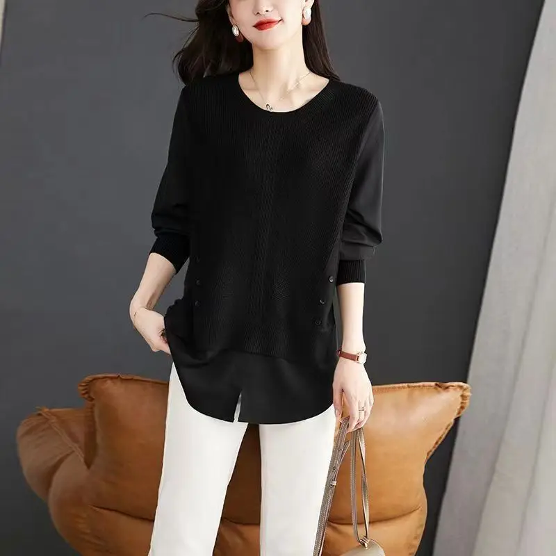 Commute Fake Two Pieces Blouse Spring Autumn Knitted Spliced Women\'s Clothing Long Sleeve Korean Solid Color Basic O-Neck Shirt