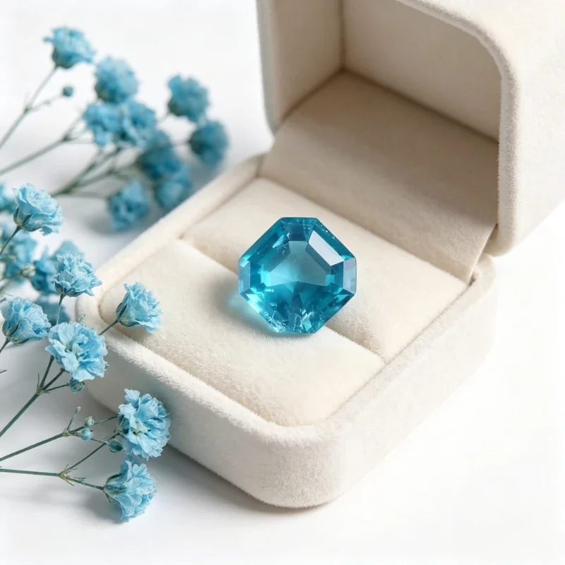 Laborgezüchteter Saphir in Asscher-Schliff mit Aquamarin-Farbe und Zertifikat – Detail 3
