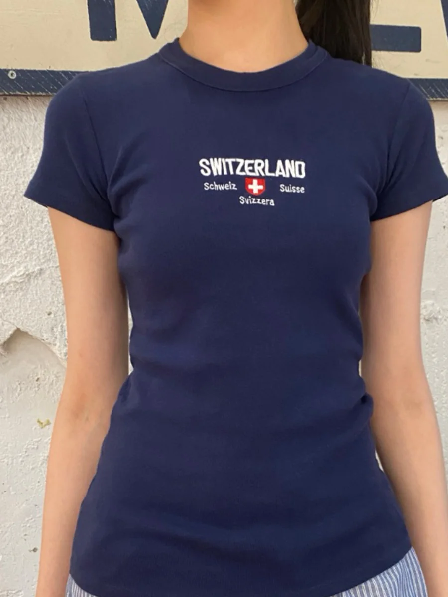 Letter Flag Embroidery Navy T-shirt Women Summer O-Neck Cotton Slim Short Sleeve Tee Shirts American Vintage Sweet Yk2 Tops New