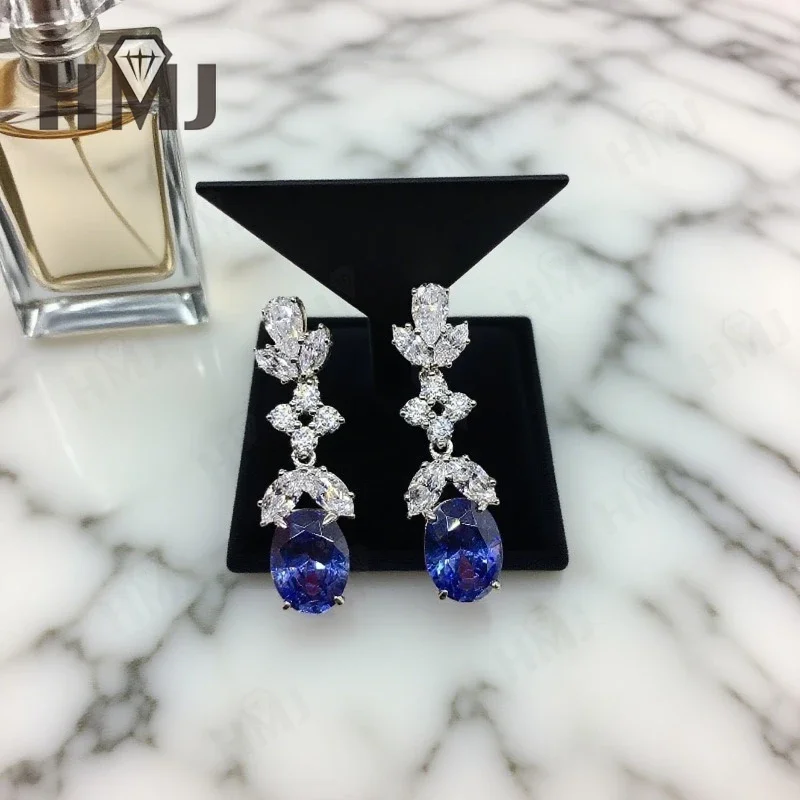 Edelstein-Ohrringe, gezüchteter Rubin, Saphir, ovaler Schliff, Moissanit, Marquise, rund, birnenförmig, S925 Sterling Silber Charms, luxuriös, trendig – Detail 8
