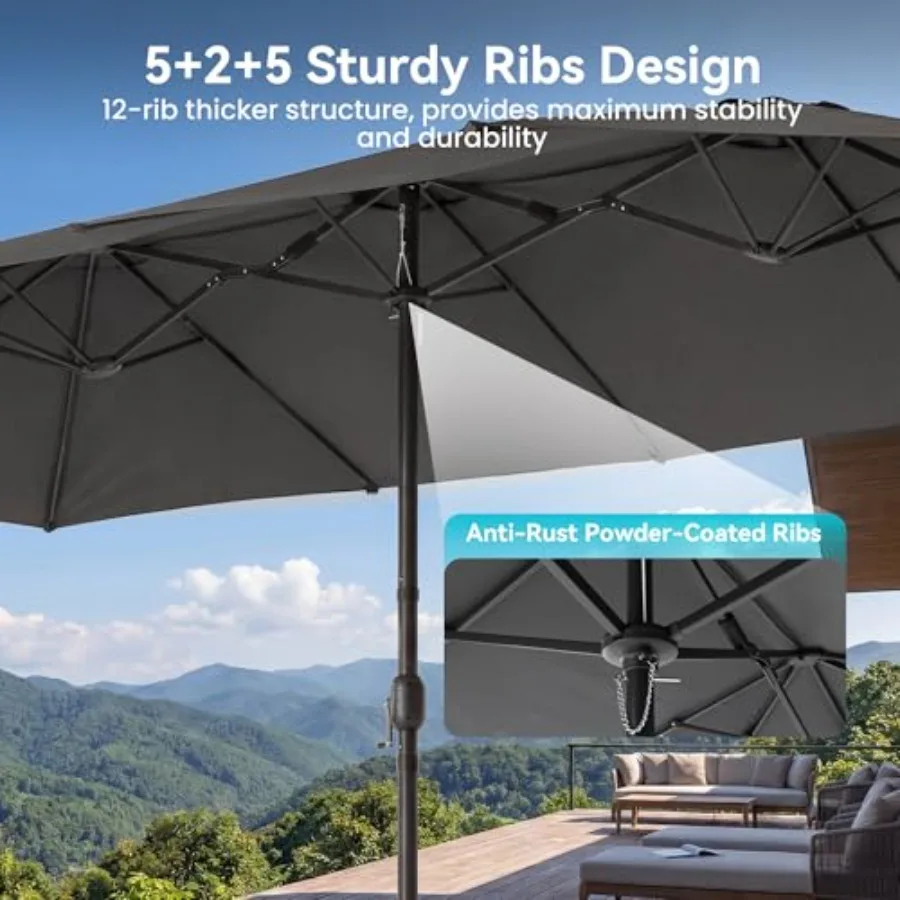 Patio umbrella for garden pool deck shade, polyester fabric, beige, 15 feet double-sided rectangular market umbrella with crank