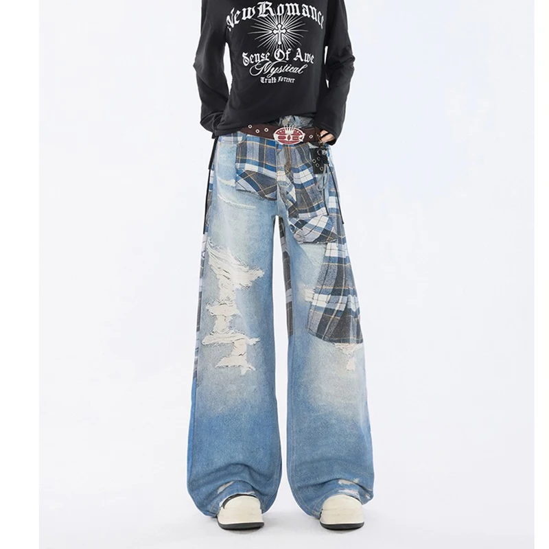 

Женские синие рваные джинсы в клетку с принтом Y2k, американские свободные брюки 2000-х годов, эстетические широкие брюки с высокой талией и прямыми штанинами