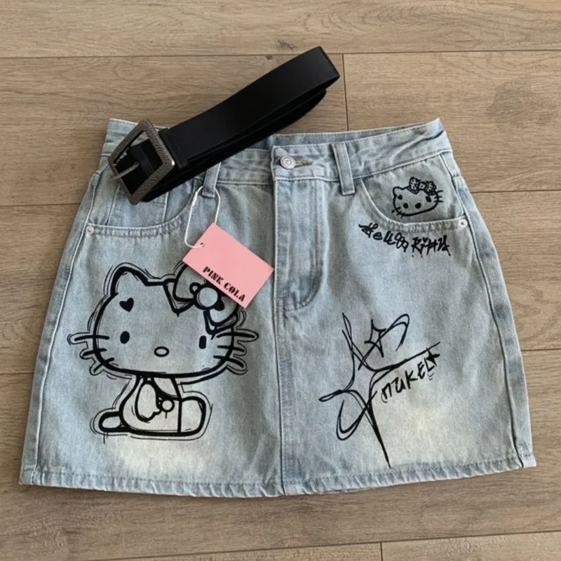 

KT Cat Printed Denim Skirt Women American Retro Cotton Denim Spicy Girl Button Up Hip-hop A-line High Waisted A-line Short Skirt