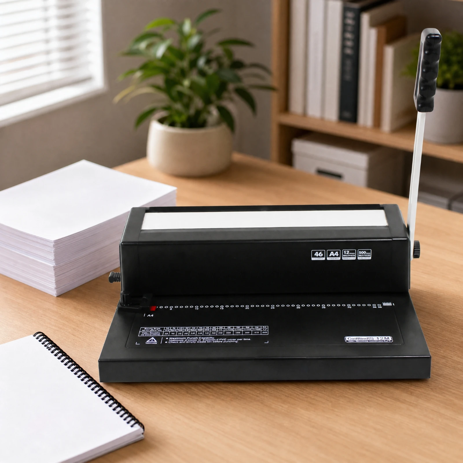 Manual Spiral-Coil Document Punching and Binding Machine 46-Hole Desktop Coil Binder with Extended Hand Lever for Office Workers