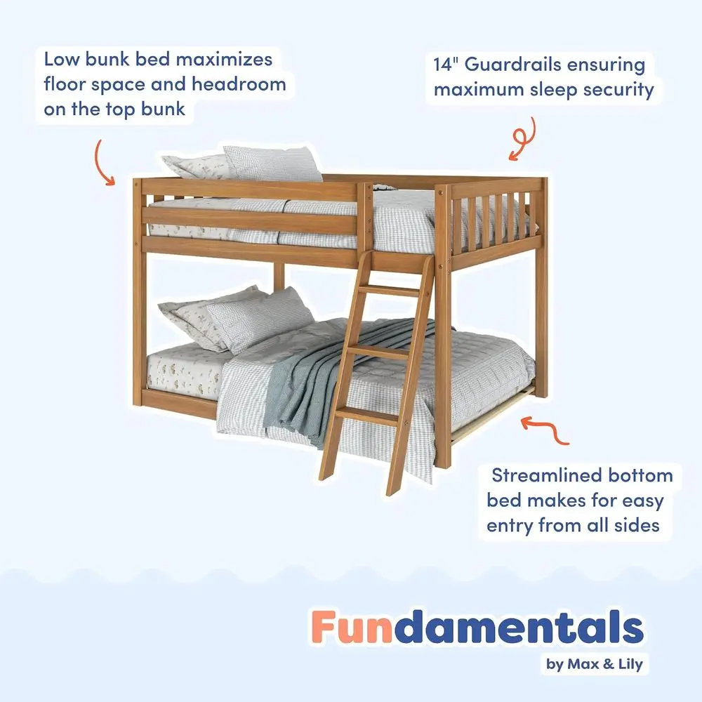 Undamental Twin Low Bunk Bed, Kids Solid Wood Bed with Strong Wooden Slats, Non-Toxic Finishes, High Weight Capacity, Pecan
