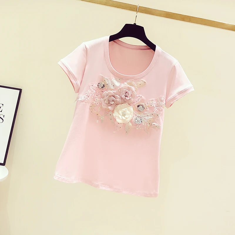 เสื้อผู้หญิง 2025 Ropa Mujerแขนสั้นO-คอ 3Dดอกไม้ฤดูร้อนTeesขนาดใหญ่เสื้อแฟชั่นสบายๆเย็บปักถักร้อยเสื้อยืดสีขาว