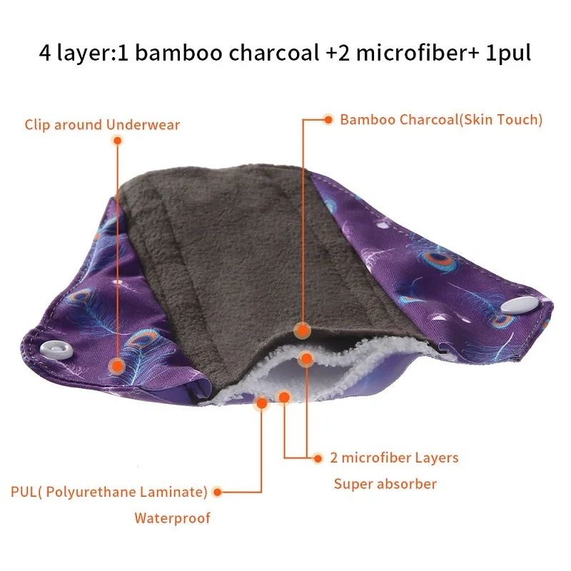 5PCS Reusable Menstrual Pads Heavy Flow Women Menstrual Period Washable Sanitary Napkin Organic Bamboo Charcoal Cloth Pad