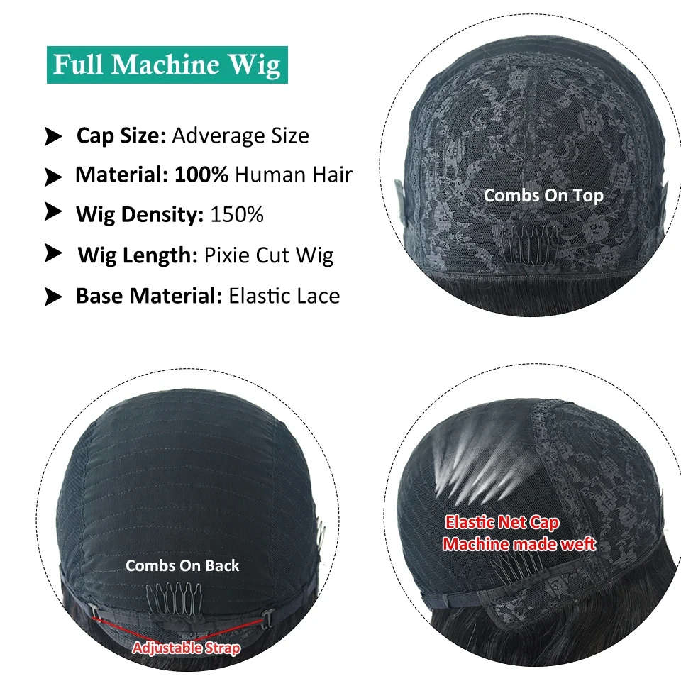 Short Pixie Cut Wigs Full Machine Made Wig With Bangs Wavy Ready To Wear Wigs Straight Hair 100% Remy Human Hair Wigs For Women image 5